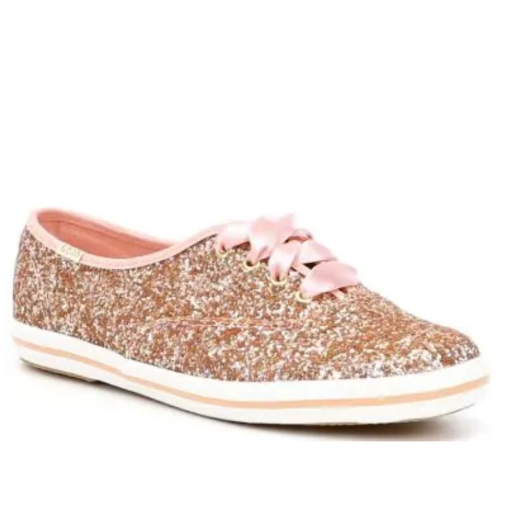 NIB Keds x kate spade new york Glitter Dipped Satin Lace Sneakers - Rose Gold